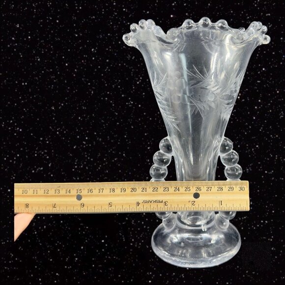 Imperial Candlewick Clear Flower Vase Ruffled Rim Etched Flowers Clear Vintage - Picture 4 of 12